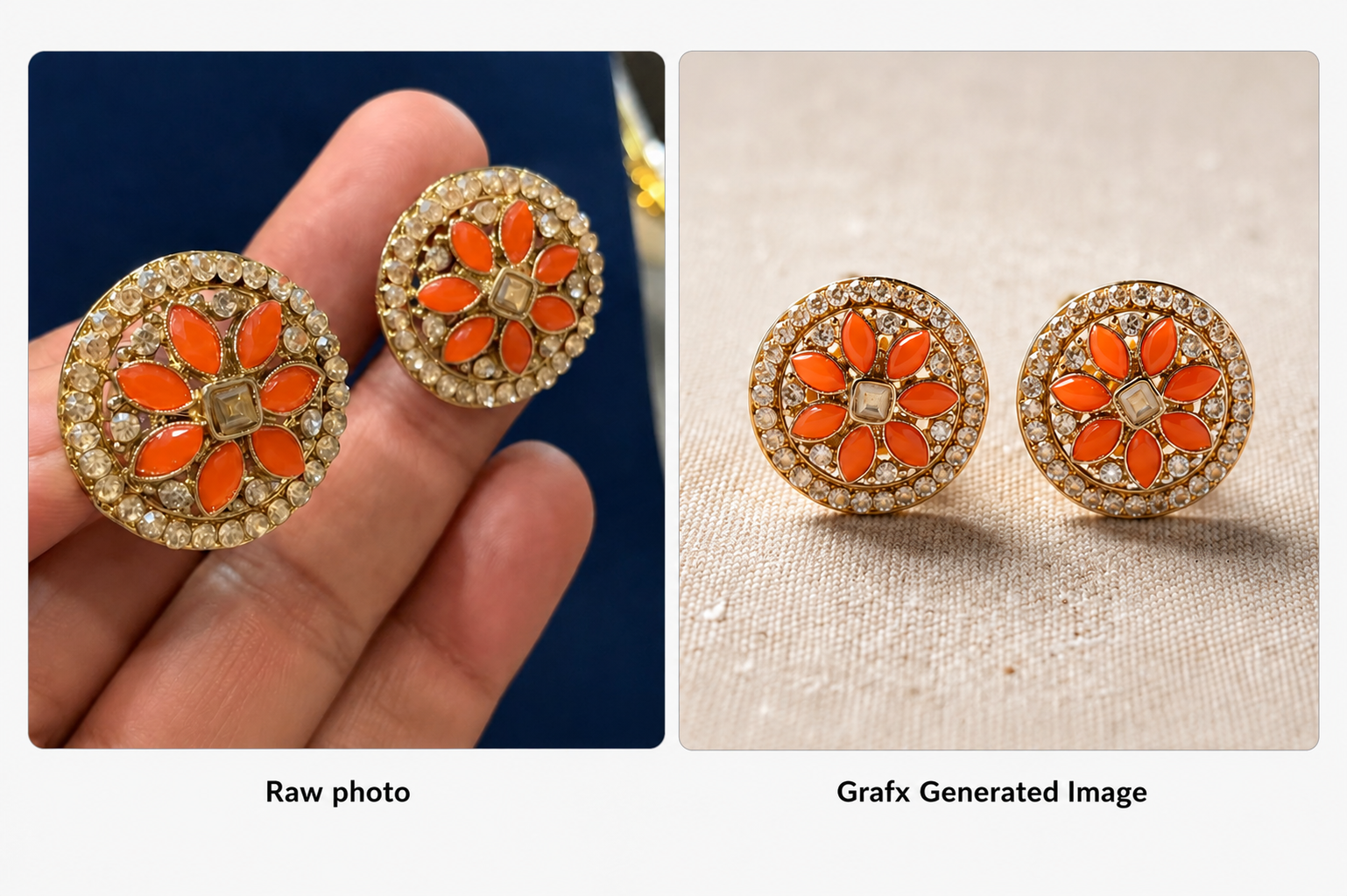 Raw jewellery photograph compared with a catalogue-ready image created using Grafx