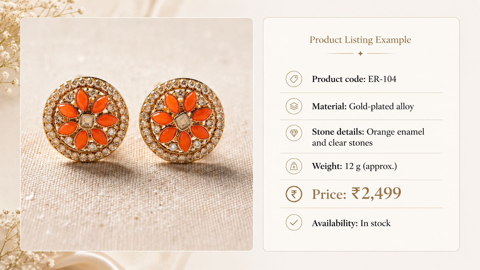 Example jewellery product listing with product code, material, weight, price, and availability